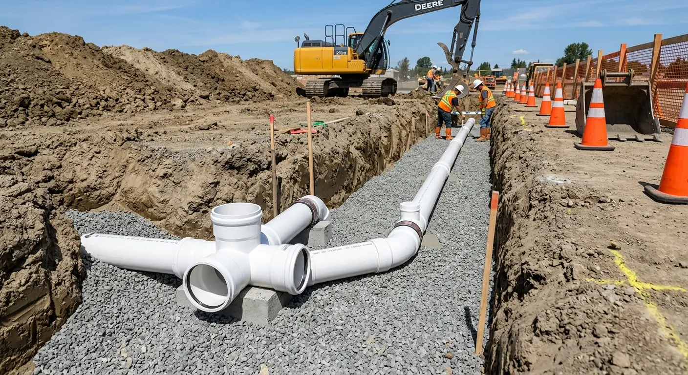 New PVC sewer pipe installation in open trench for Sewer Backup in Prescott