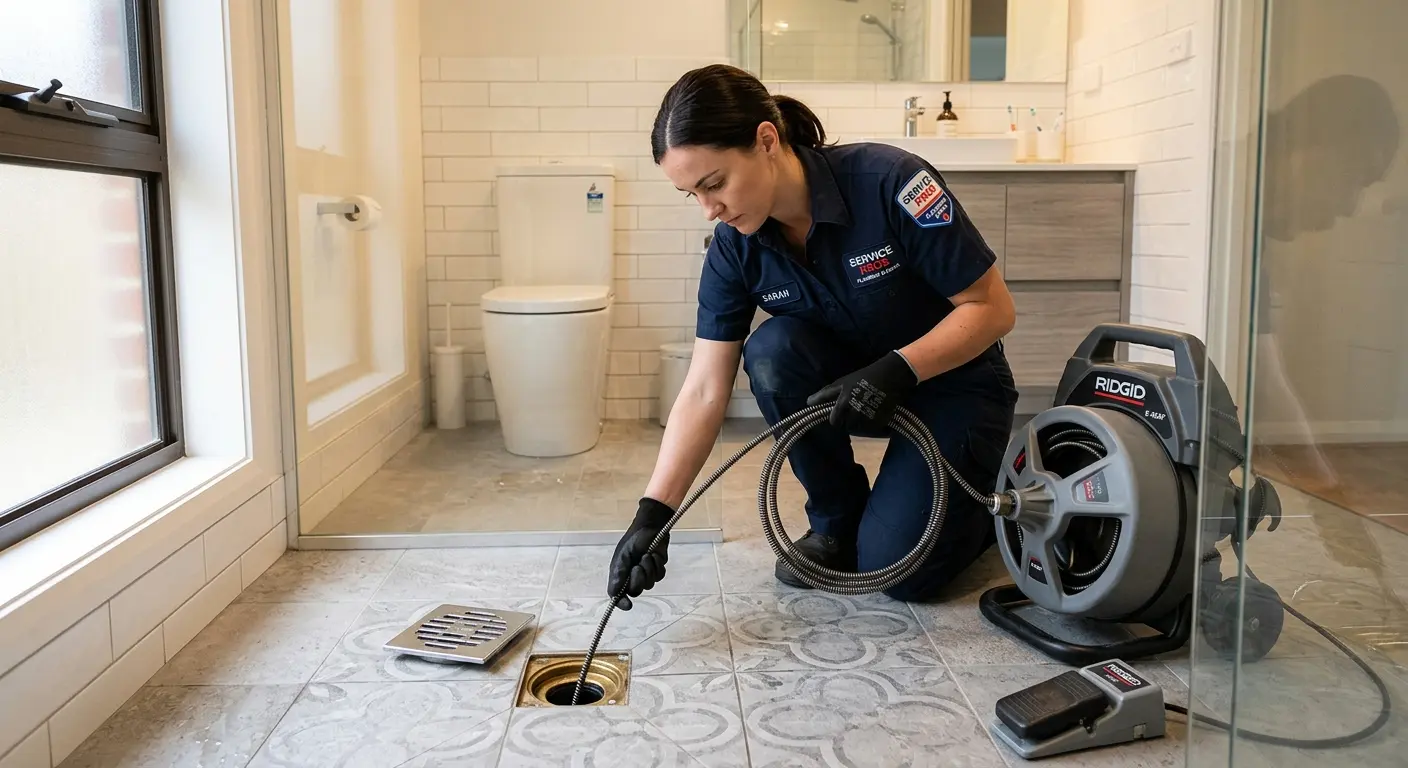Technician clearing a bathroom floor drain for Drain Cleaning in Prescott